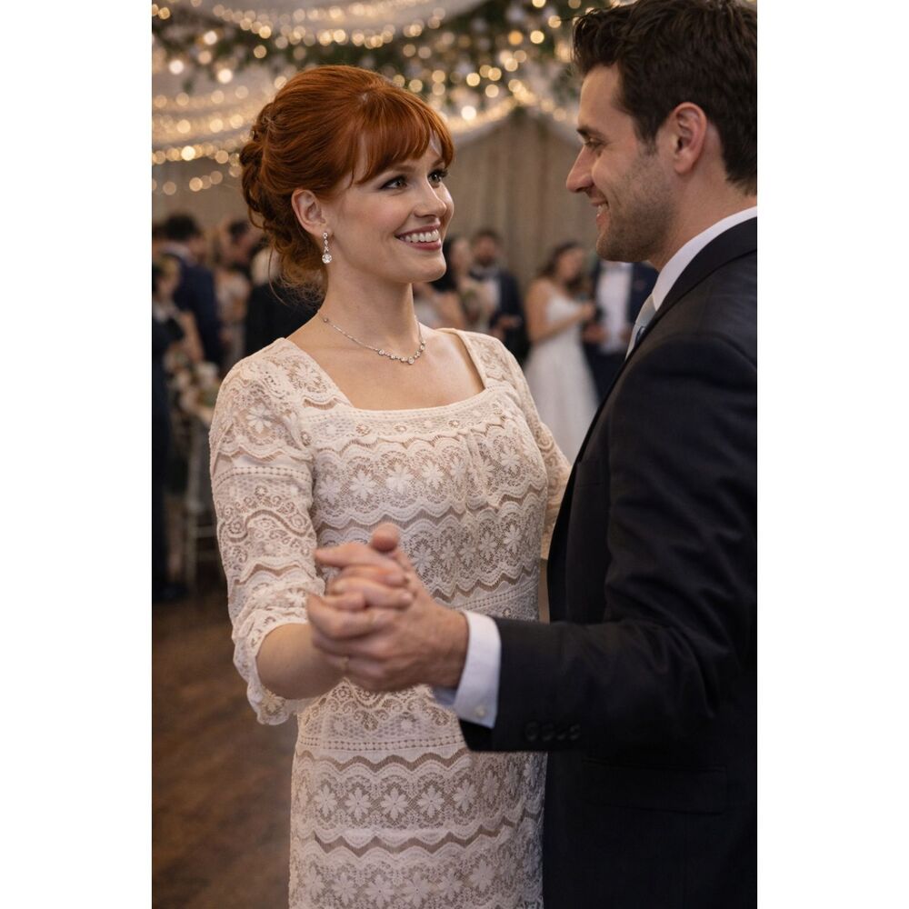 NEW Velvet Torch Dress Cream Lace Overlay Sz Medium 3/4 Sleeve Wedding Guest